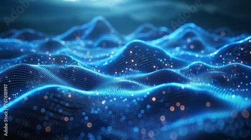 Data mining and management concept with abstract digital mountains range landscape with glowing light dots. CGI wireframe modern illustration on technology blue background. © DZMITRY