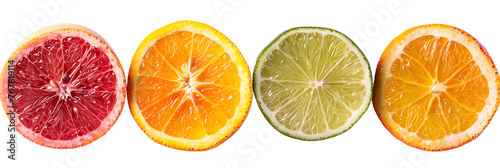 Isolated citrus slices. Fresh fruits cut in half (orange, pink grapefruit, lime, lemon) in a row isolated on white background. generative ai 