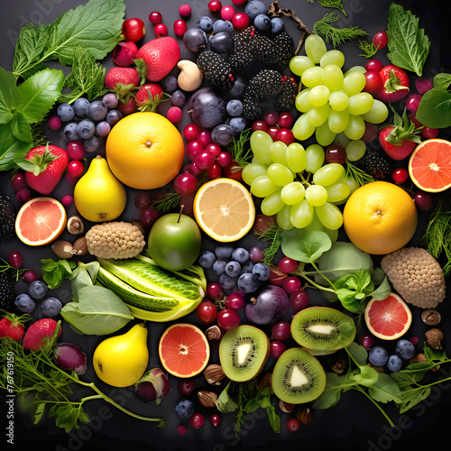 harvest different fruits berries and vegetables on a dark background. products and food. view from above