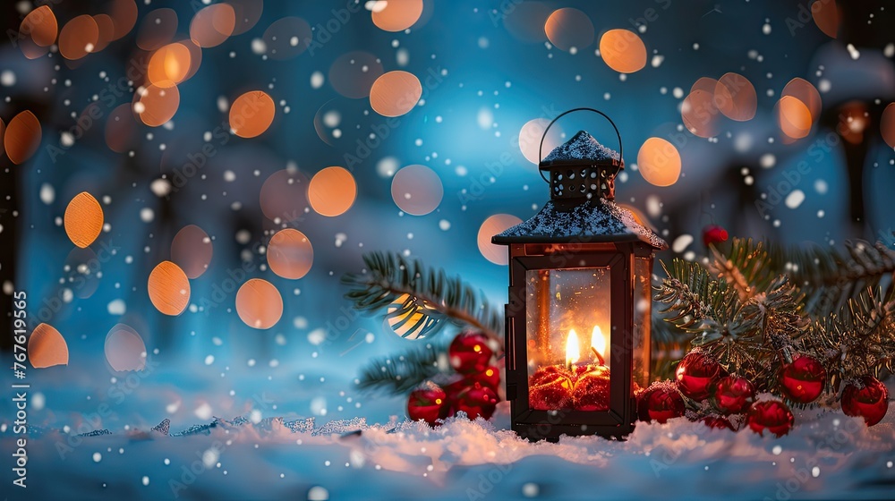 Festive Christmas Lantern and Decorations on Snow Table with Candlelight and Defocused Landscape