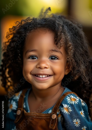 A young girl with curly hair is smiling and looking at the camera