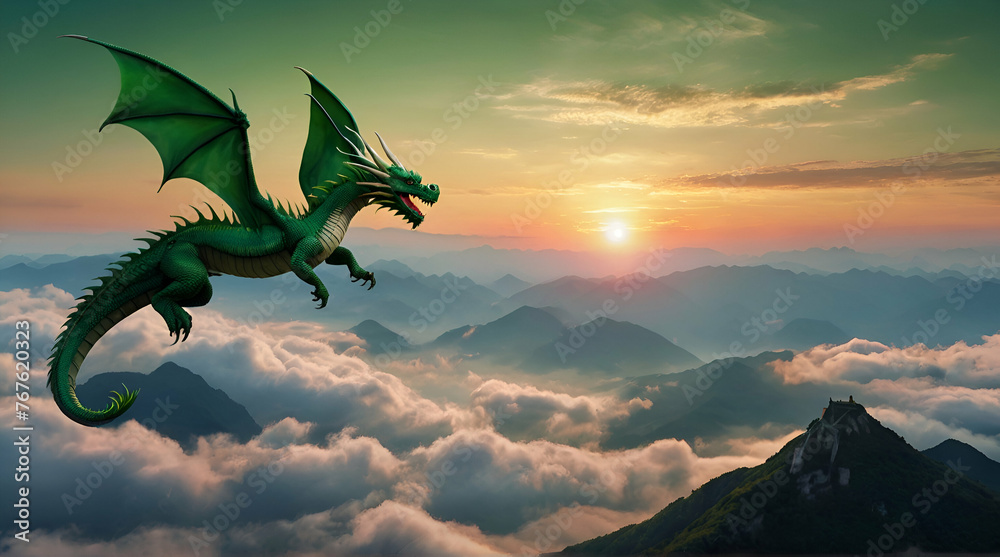 Oil painting artistic image of a large male black aggressive dragon flying over a foggy lush green forrest flying.generative.ai - obrazy, fototapety, plakaty 