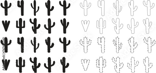 Set of Cactus icons in flat styles with editable stock. Desert symbols. Botanica plant garden summer tropical illustration doodle. Large pack of vectors silhouette designs on transparent background.
