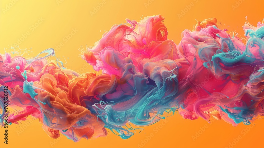  A rainbow-colored liquid floats on an orange canvas with blue and pink vapor emanating from it