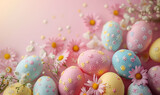 Decorative pastel Easter eggs amidst vibrant spring flowers on a soft pink background