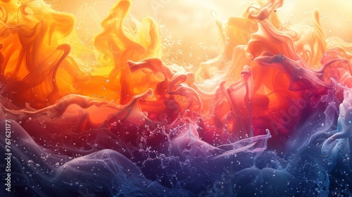 A colorful painting depicts a group of people swimming with vibrant smoke emanating from their bodies