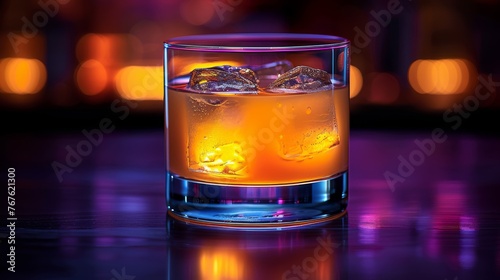  A sharp focus on a drink in a glass, surrounded by ice cubes on a clear table, under well-lit conditions