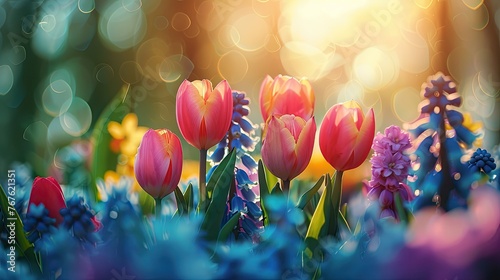 Sunny Field Spring Bloom: Defocused Abstract Background of Tulips and Hyacinth Flowers