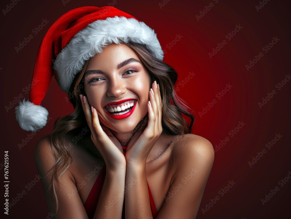 A woman wearing a red hat and red dress is smiling and making a silly face A woman wearing a red hat and red dress is smiling and making a silly face