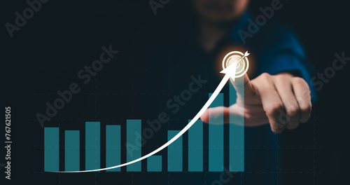 Digital online marketing concept, Businessman analysis sale data graph growth on modern interface icons on strategy Financial and investment business planning and development.