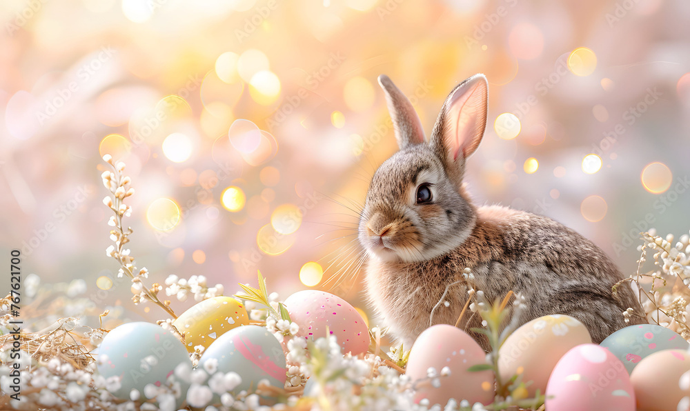 Easter Bunny With Colorful Eggs and Soft Pastel Background Easter Bunny With Colorful Eggs and Soft Pastel Background