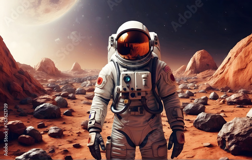 An astronaut in a space suit standing on a rocky surface on the moon, Astronaut in space