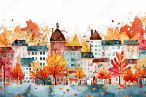 Colorful autumn city seamless watercolor background