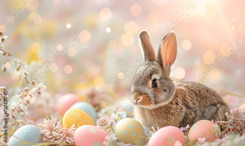 Easter Bunny With Colorful Eggs and Soft Pastel Background © PLATİNUM
