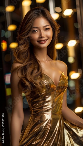A woman in a gold dress is smiling and posing for a photo