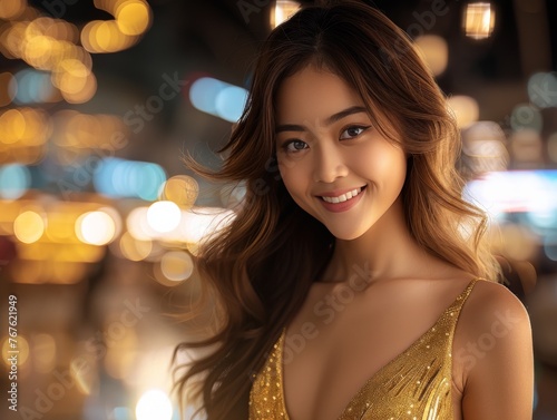 A woman with long brown hair is smiling and wearing a gold dress