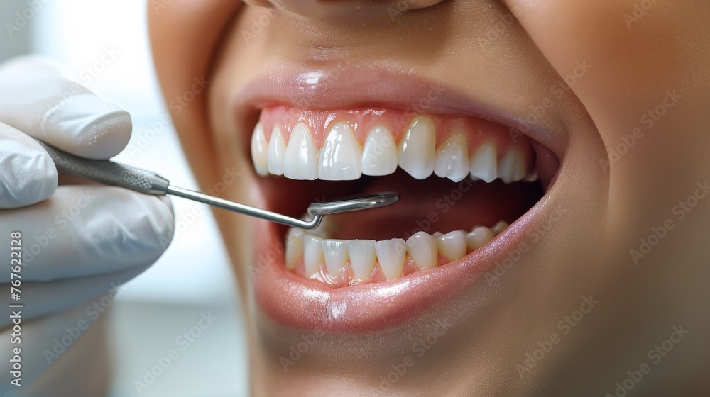 Fototapeta premium A woman is getting her teeth cleaned by a dentist