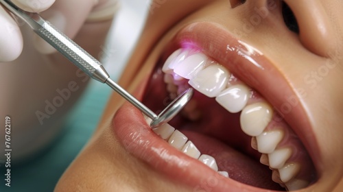 A woman is getting her teeth cleaned by a dentist