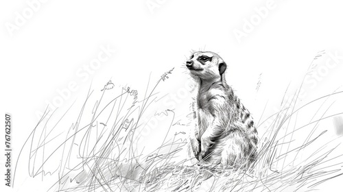  A monochrome illustration of a meerkat perched amidst tall blades, gazing afar