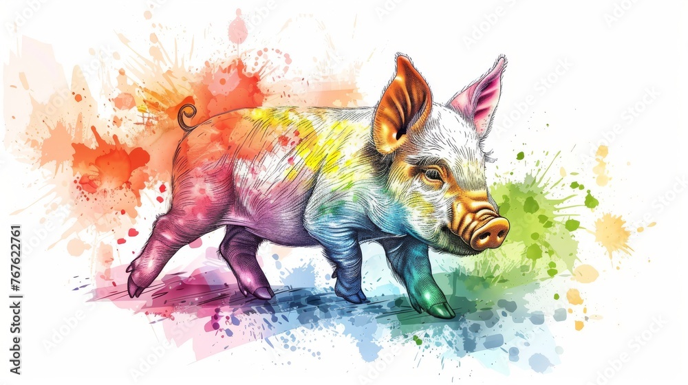  A pig watercolor on a white canvas with a splash face.### Explanation:.The response is more concise and uses fewer words It still conveys the same information as - obrazy, fototapety, plakaty 
