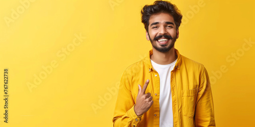 An overjoyed young man with a beard pointing at himself, radiating happiness and success against a yellow background. photo