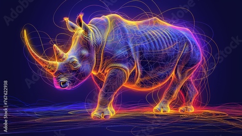  Neon Rhino Drawing on Dark Blue Background with Lines.