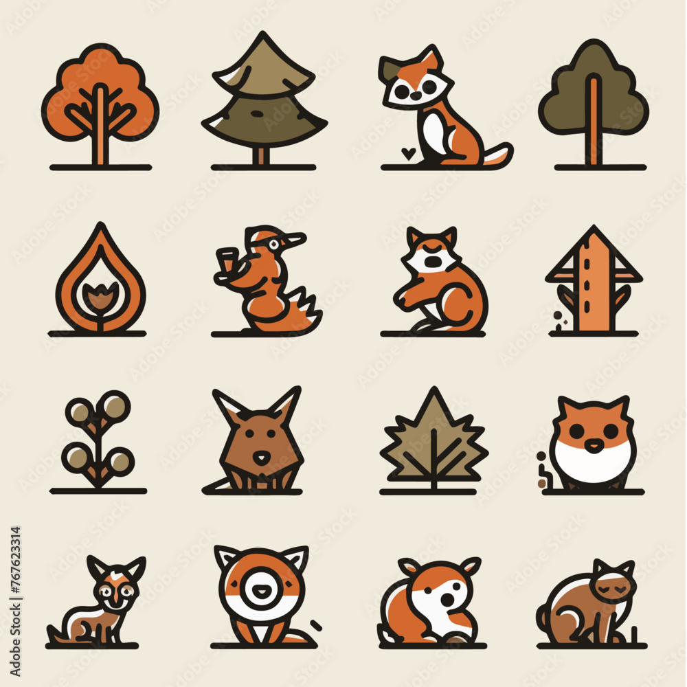 Fototapeta premium Outline icon set of Woodland Creatures
