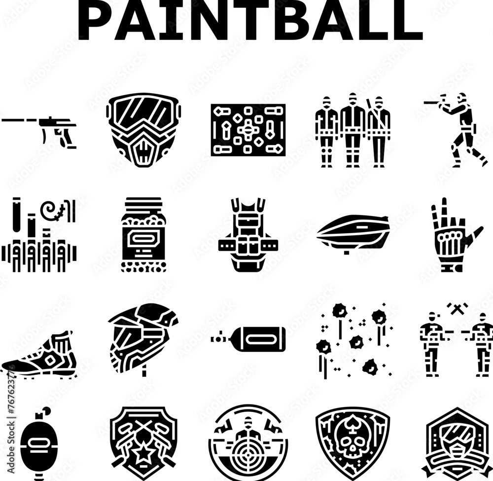 paintball game player team icons set vector. ball paint, target gun, friends fun, splash group, military adrenaline, splatter paintball game player team glyph pictogram Illustrations