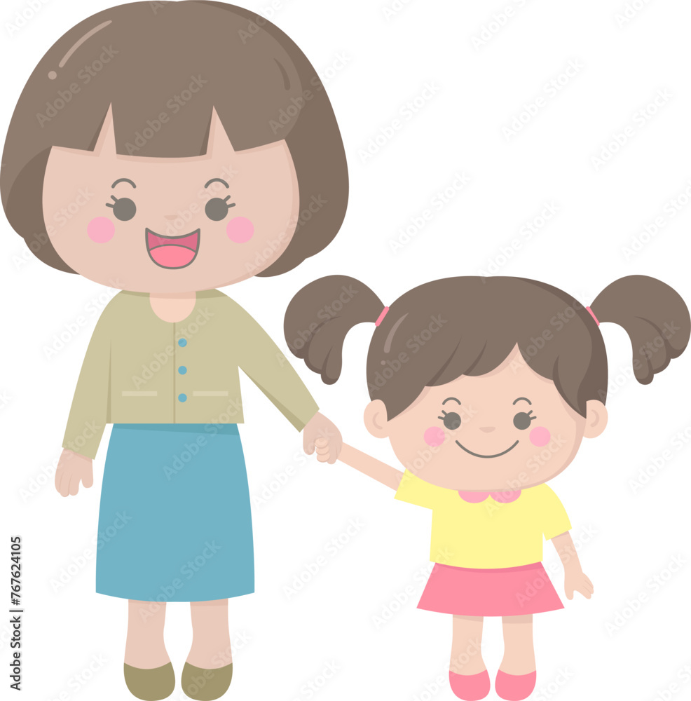 Cute Mother And Daughter Holding Hands Vector Illustration