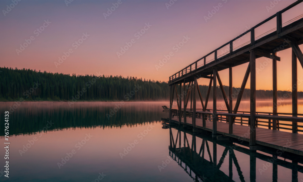 A bridge-pier on the shore of a large calm lake against the backdrop of sunset.