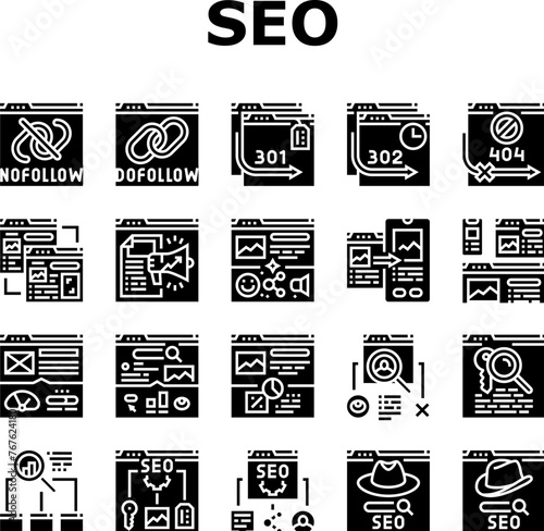seo technical audit icons set vector. optimize market, rank search, improve marketing, dashboard report seo technical audit glyph pictogram Illustrations