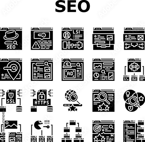 seo market rank search icons set vector. improve marketing, dashboard report, building result, top website, digital seo market rank search glyph pictogram Illustrations