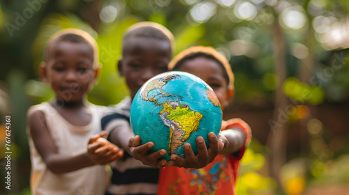 children holding globe , generative ai
