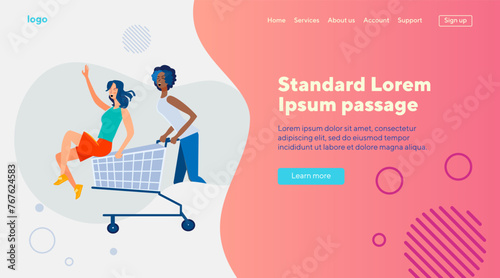 Joyful female friends shopping and having fun. Multiracial women riding shopping cart flat vector illustration. Communication, friendship concept for banner, website design or landing web page