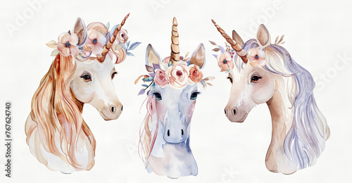 Cute fairy unicorn hand painted watercolor illustration 