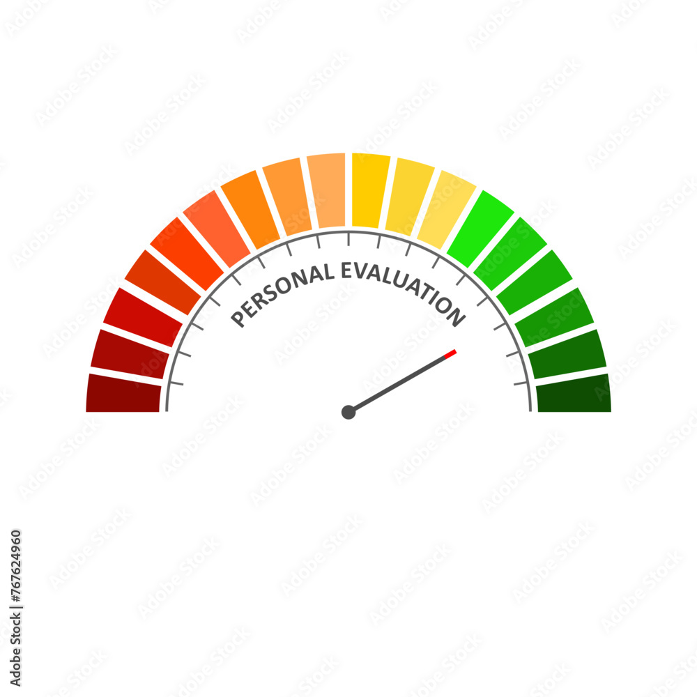 Personal evaluation level on measure scale. Instrument scale with arrow. Colorful infographic element. Business innovation concept. Personal evaluation level on measure scale. Instrument scale with arrow. Colorful infographic element. Business innovation concept.