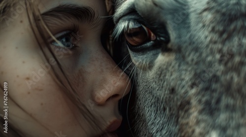 Amazing trusting relationship between animal and human. The girl touches the horse. Extremely close-up portrait © Daria Lukoiko