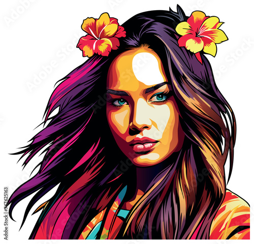 Colorful Art Painting of a Girl with Long Hair - Artistic Illustration Isolated on White Background, Vector