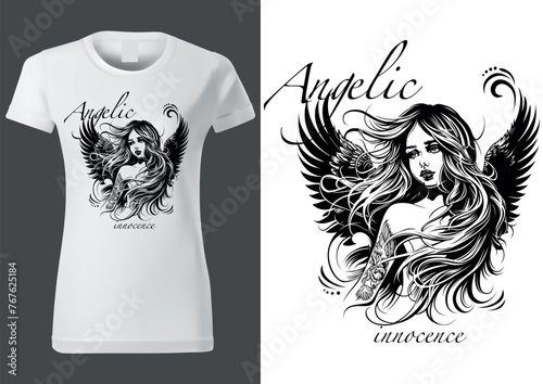 Angelic Innocence as a Motif with a Beautiful Girl with Long Hair for Textile Print - Black and White Illustration, Vector