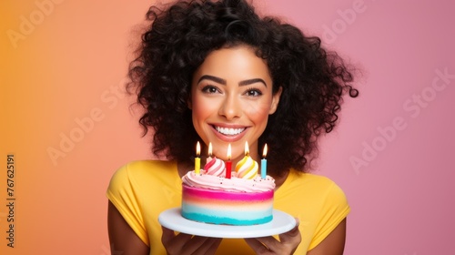 A woman is holding a cake with candles on it and smiling