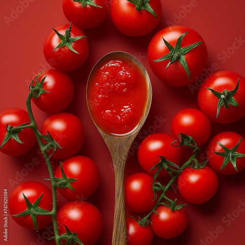 A bunch of tomatoes with a wooden spoon full of tomato sauce in the middle, on a red background