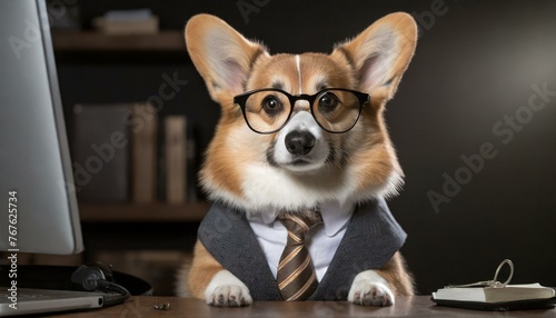Corgi dog dressed as a businessperson in a tie, suit and with glasses.