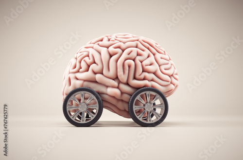 Brain with car wheel. Brainstorming concept.