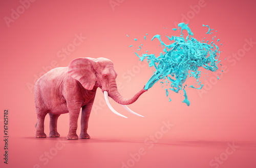 Image of an elephant spraying water on pink background.