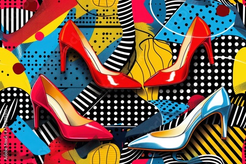 Two red high heels are shown in a colorful, abstract background