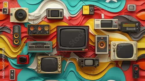 A colorful wall of old televisions and radios photo