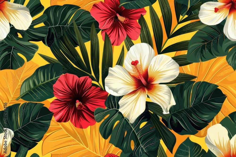 A tropical flower pattern with red and white flowers A tropical flower pattern with red and white flowers
