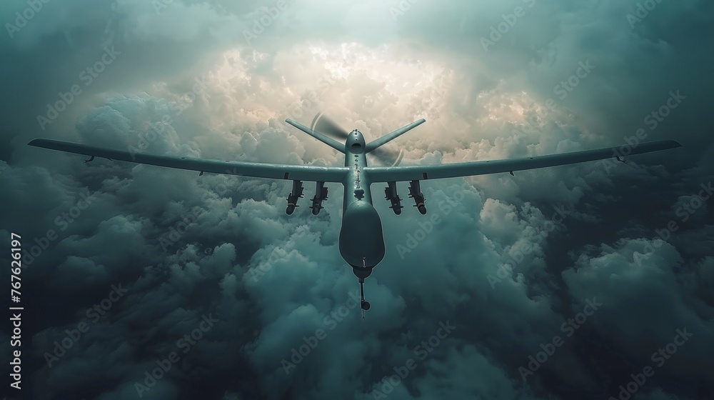 A military unmanned aerial vehicle UAV patrols flying over the clouds - obrazy, fototapety, plakaty 