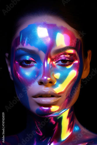 Woman portrait with multichrome powder covered face, Holographic tones.