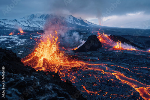 A volcano erupts with lava and smoke, creating a fiery and dangerous scene